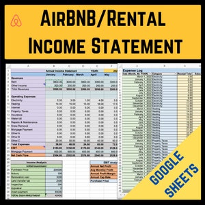 May include: A Google Sheets spreadsheet showing a detailed income statement for an Airbnb rental property. The spreadsheet includes revenue, expenses, and net cash flow for each month of the year. The spreadsheet also includes an initial investment analysis and an EBIT analysis.