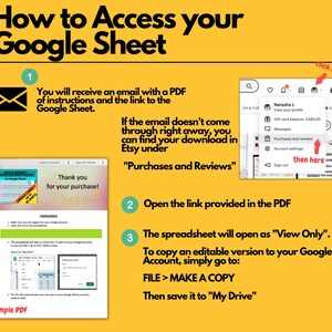 K&ouml;nnte beinhalten: Ein gelber Hintergrund mit einer Schritt-f&uuml;r-Schritt-Anleitung, wie man auf ein Google Sheet zugreift. Die Anleitung enth&auml;lt ein gelbes Briefumschlag-Symbol, einen Screenshot eines PDF-Dokuments und einen Screenshot einer Google-Kontenseite. Der Text auf der Seite lautet: "So greifen Sie auf Ihr Google Sheet zu", "Sie erhalten eine E-Mail mit einem PDF mit Anweisungen und dem Link zum Google Sheet", "Vielen Dank f&uuml;r Ihren Kauf!", "Wenn die E-Mail nicht sofort eintrifft, finden Sie Ihren Download in Etsy unter "K&auml;ufe und Bewertungen"", "&Ouml;ffnen Sie den Link, der im PDF angegeben ist", "Die Tabellenkalkulation wird als "Nur anzeigen" ge&ouml;ffnet. Um eine bearbeitbare Version in Ihr Google-Konto zu kopieren, gehen Sie einfach zu: DATEI > KOPIE ERSTELLEN Speichern Sie sie dann in "Mein Laufwerk""