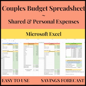 Couples Budget Spreadsheet with Monthly Shared & Personal Expense Tracker - Savings Forecast Calculator and Formulas, Digital Download