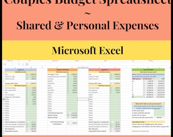 Couples Budget Spreadsheet | Shared and Personal Expense Tracker | Savings Forecast & Formulas | Digital Download