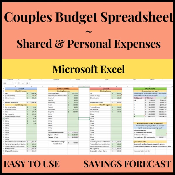 Feuille de calcul du budget des couples avec suivi mensuel des dépenses partagées et personnelles - Calculatrice de prévisions d'épargne et formules, Téléchargement numérique