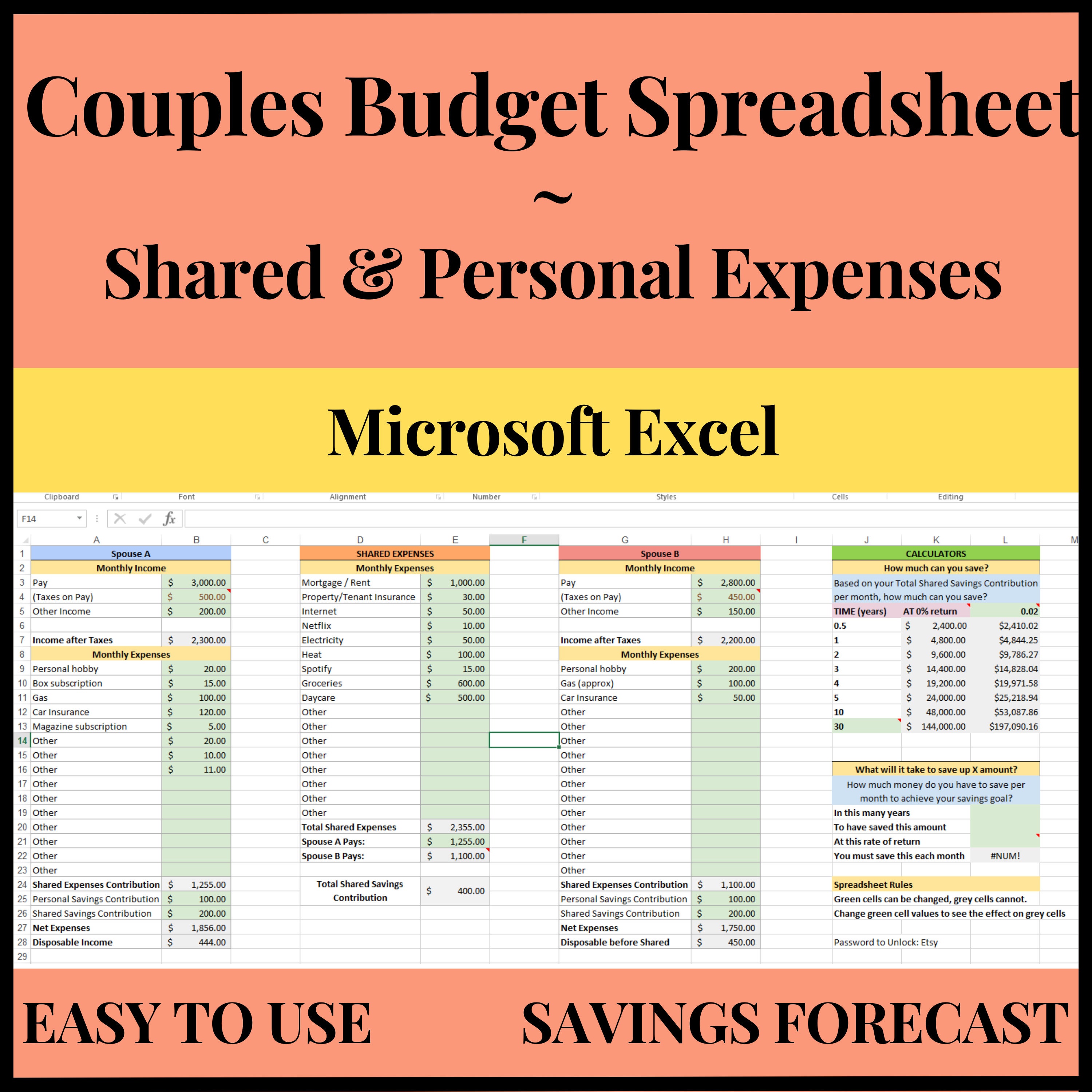 Couples Budget Spreadsheet With Monthly Shared & Personal Expense Couples Budget Spreadsheet With Monthly Shared & Personal Expense