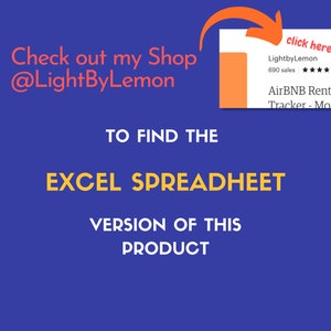 K&ouml;nnte beinhalten: Blauer und gelber Text auf blauem Hintergrund mit einem Aufruf zum Klicken auf einen Link, um eine Excel-Tabellenversion eines Produkts zu finden. Der Link f&uuml;hrt zu einem Shop namens LightbyLemon mit 690 Verk&auml;ufen und einer 5-Sterne-Bewertung. Das Produkt ist ein AirBNB-Miet-Einkommenstracker - Monatlich.
