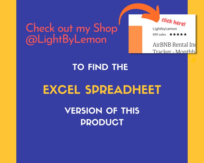 K&ouml;nnte beinhalten: Blauer und gelber Text auf blauem Hintergrund mit einem Aufruf zum Klicken auf einen Link, um eine Excel-Tabellenversion eines Produkts zu finden. Der Link f&uuml;hrt zu einem Shop namens LightbyLemon mit 690 Verk&auml;ufen und einer 5-Sterne-Bewertung. Das Produkt ist ein AirBNB-Miet-Einkommenstracker - Monatlich.