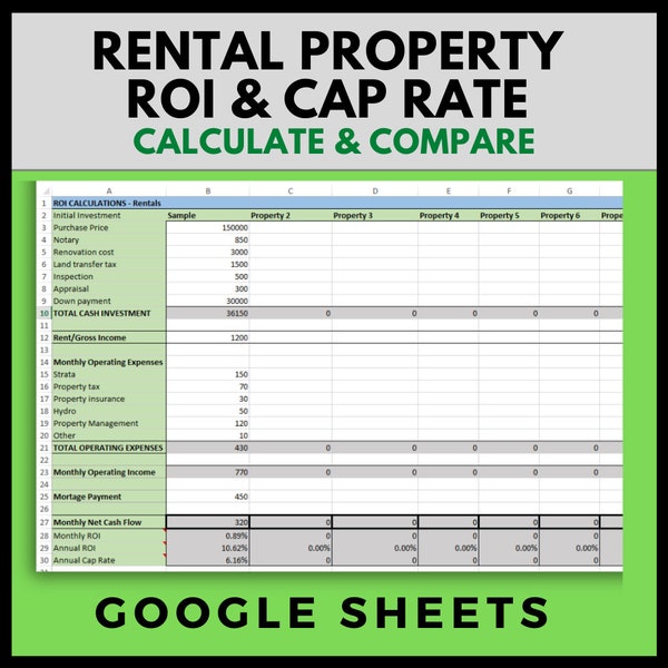 Rental Property ROI and Cap Rate Calculator and Comparison Google Sheets Spreadsheet - Income Property Analysis for Real Estate Investments