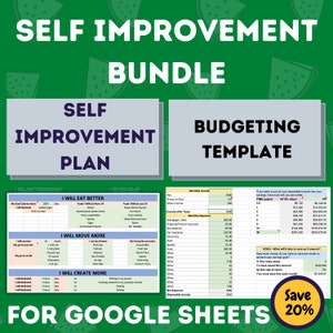 Puede incluir: Un paquete de plantillas de Google Sheets imprimibles en verde y blanco para la superación personal. El paquete incluye un plan de superación personal con secciones para comer mejor, moverse más y crear más. El paquete también incluye una plantilla de presupuesto con secciones para ingresos mensuales, gastos mensuales e ingresos disponibles. El texto "Save 20%" está en un círculo verde.