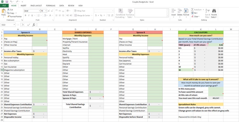 May include: A spreadsheet with a green, yellow, and red color scheme. The spreadsheet is titled "Couple's Budget" and is divided into sections for Spouse A, Shared Expenses, and Spouse B. The spreadsheet includes calculations for income, expenses, and savings. The spreadsheet also includes a section for "Calculators" with formulas for calculating how much money can be saved based on total shared savings contributions.
