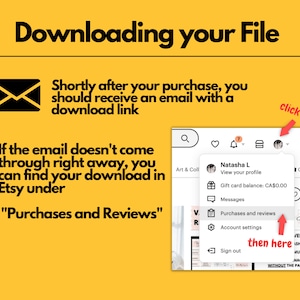 May include: A screenshot of a computer screen showing a section of the Etsy website. The text "Purchases and Reviews" is highlighted in red. An arrow points to the text "Purchases and Reviews" and another arrow points to the text "then here".
