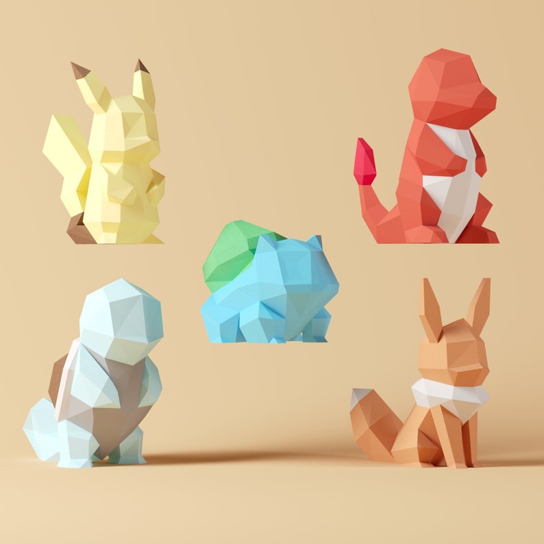May include: Five origami Pokemon characters: Pikachu, Charmander, Bulbasaur, Squirtle, and Vulpix. The characters are made of paper and are brightly colored.