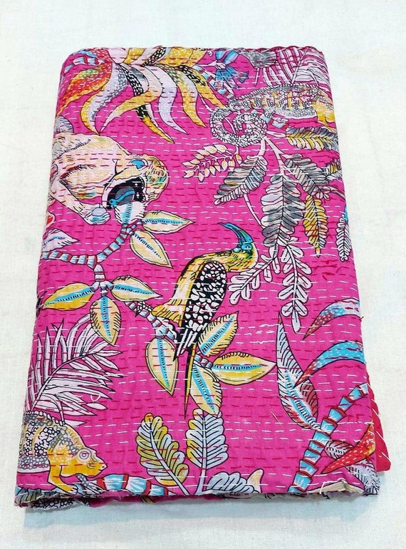 New Handmade Pink Monkey Life Print Kantha Quilt Indian Queen | Etsy