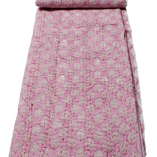 Indian Handmade Kantha Hand Block Printed Single Bed Cotton Quilt Blanket Throw Size Kantha Quilt Bedspread Coverlet Throw