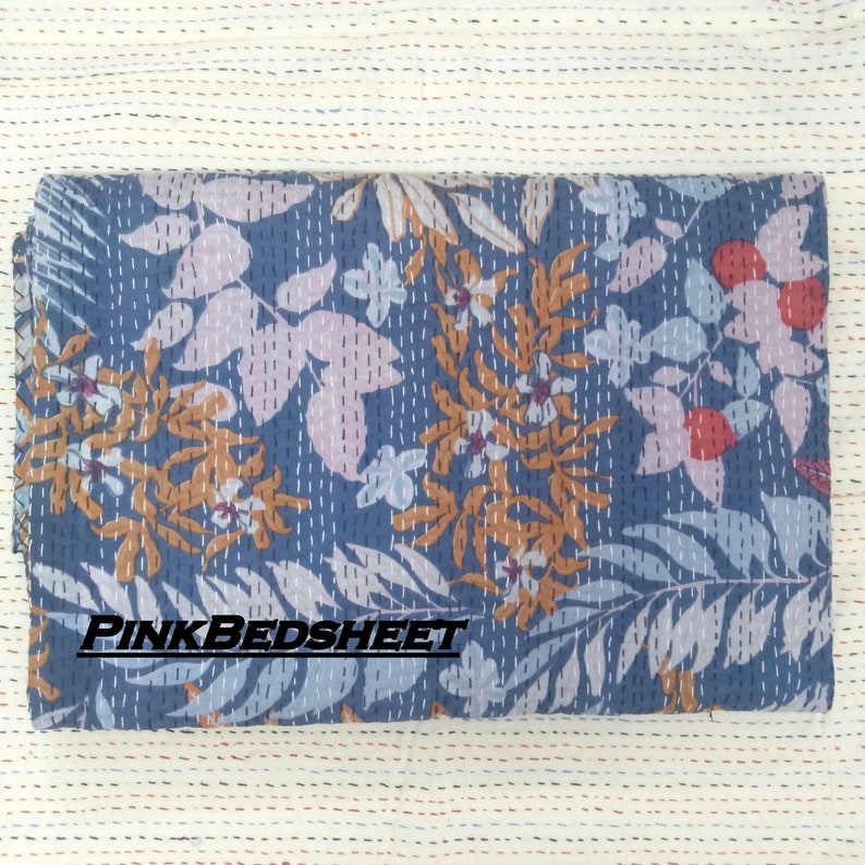 Handmade Kantha Coverlet Indian Kantha Quilt Twin Size Kantha Bedcover Hand Block Printed Kantha Bedspread Cotton Kantha Blanket