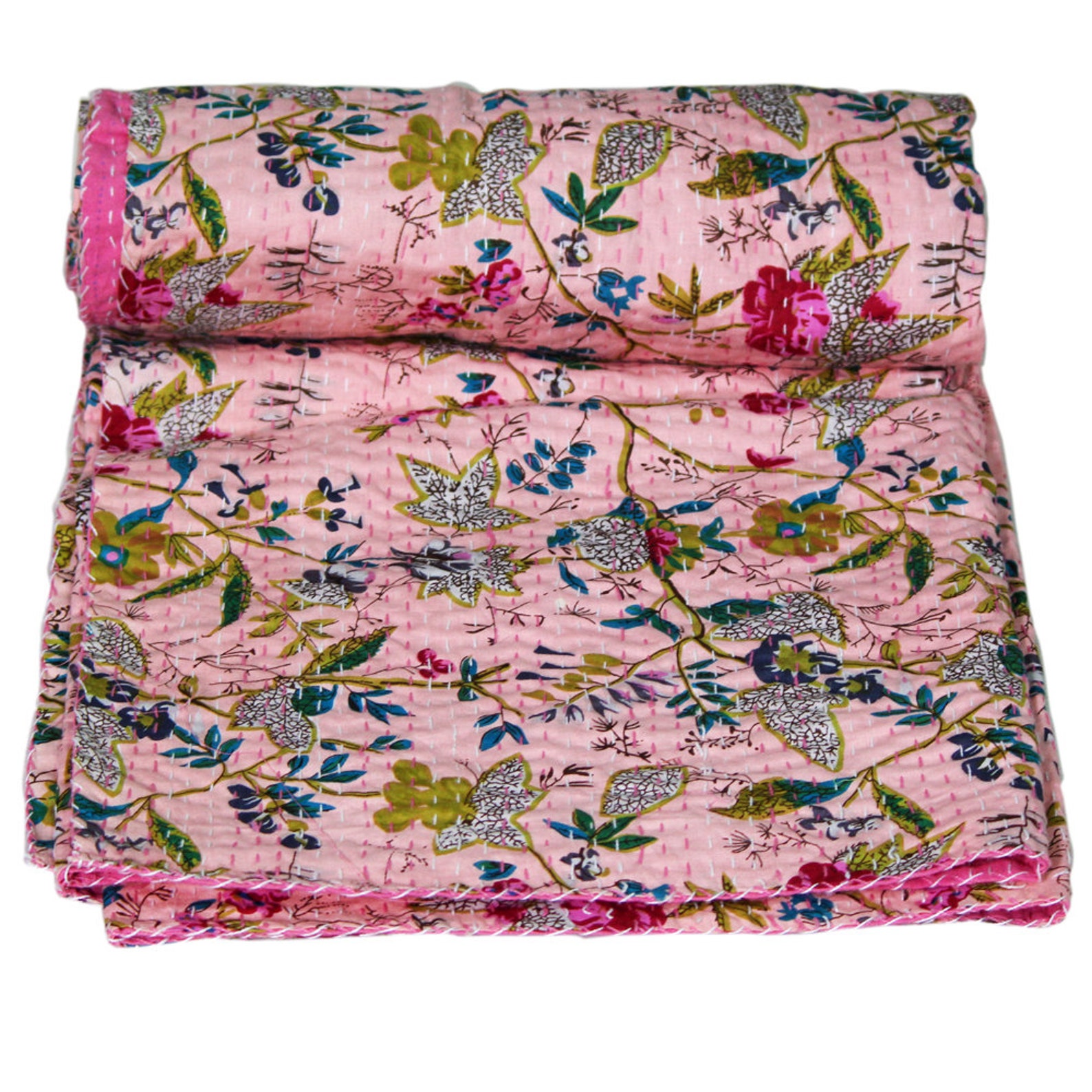 Pink Floral Kantha Quilt Kantha Blanket and Throw Bohemian Etsy