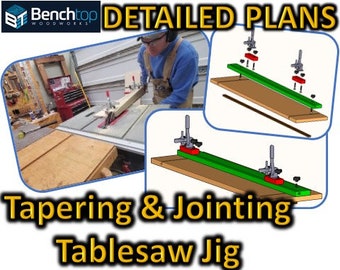 Puede incluir: Un plan detallado para construir un jig de sierra de mesa para afilar y unir madera. El jig utiliza abrazaderas para sujetar la madera y una guía para garantizar cortes precisos. El plan incluye diagramas e instrucciones.