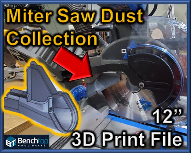 May include: A 3D printed dust collection attachment for a 12" miter saw. The attachment is designed to fit over the saw's blade and direct sawdust into a vacuum hose. The 3D print file is available for download.