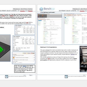 May include: Product instructions for a 3D printed dust chute. The instructions include a diagram of the chute, a table of measurements, and a description of the printing process. The text mentions using a Phase 2.0 or later 3D printer and the use of supports.