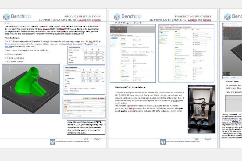 May include: Product instructions for a 3D printed dust chute. The instructions include a diagram of the chute, a table of measurements, and a description of the printing process. The text mentions using a Phase 2.0 or later 3D printer and the use of supports.