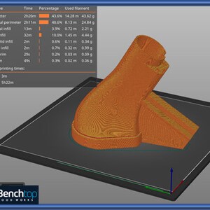 May include: A 3D printed model of a small object, likely a part of a larger project. The model is orange and has a textured surface. The image shows the model on a black platform with a blue border. The image also includes a table showing the estimated printing time for each part of the model, including the perimeter, external perimeter, internal infill, solid infill, top solid infill, bridge infill, skirt/brim, and custom. The total estimated printing time is 5 hours and 22 minutes.