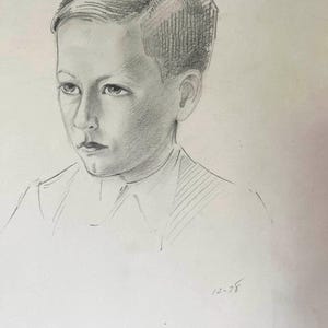 May include: Pencil sketch portrait of a person with short hair, looking slightly to the left. The drawing is in shades of grey, with detailed shading on the hair and face. The date "12-35" is written in the bottom right corner.