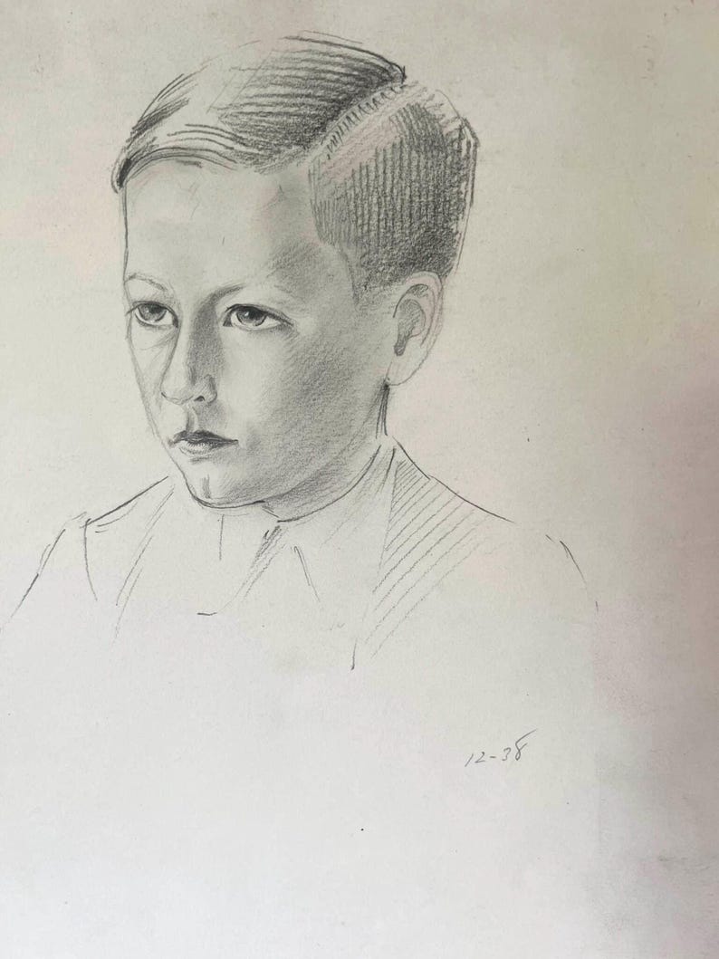 May include: Pencil sketch portrait of a person with short hair, looking slightly to the left. The drawing is in shades of grey, with detailed shading on the hair and face. The date "12-35" is written in the bottom right corner.