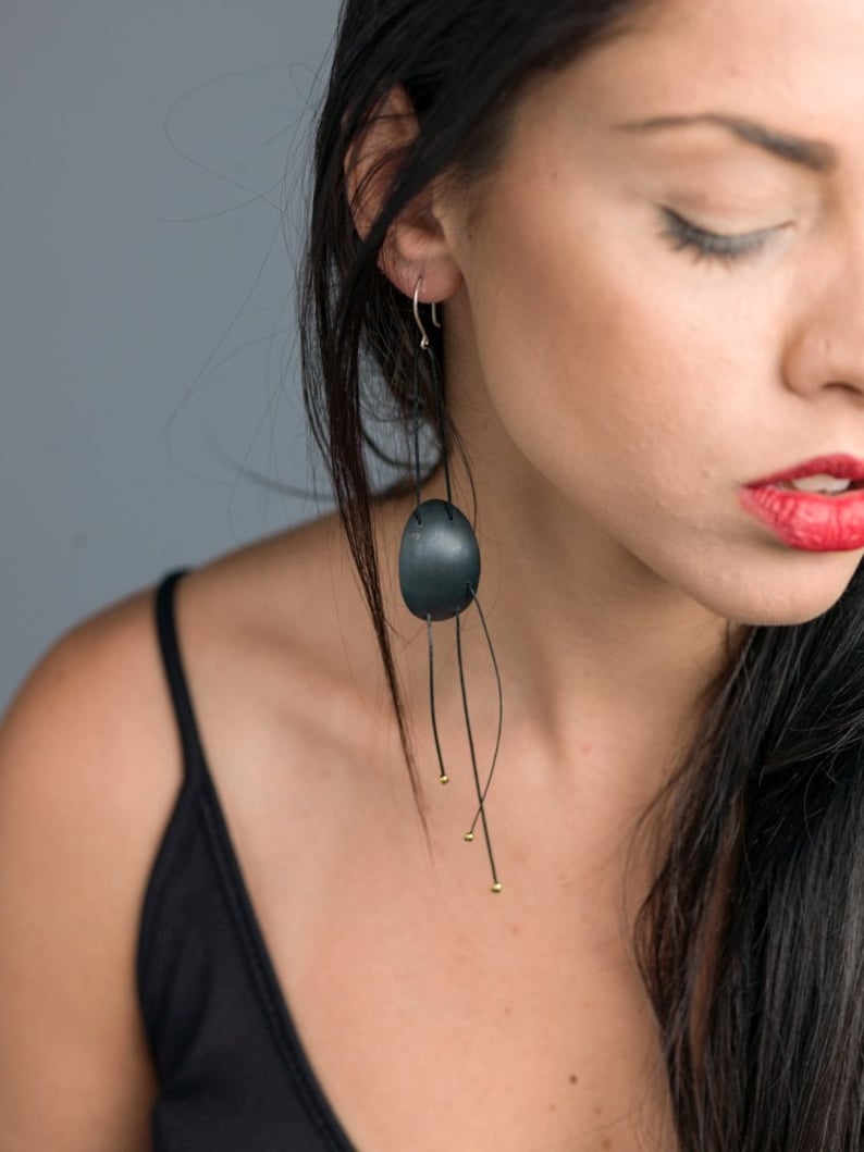 Unusual long and popular black earrings. Handmade earrings, Unique earrings, statement earrings image 1