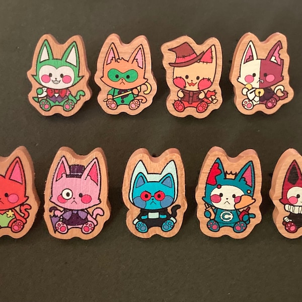 kitty bat villain wooden pins