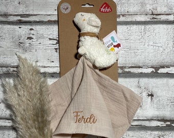 Sheep cuddle cloth personalized with name & date, cuddly cloth, baby cloth, sheep, birth gift, gift for baby, Fehn, organic, natural