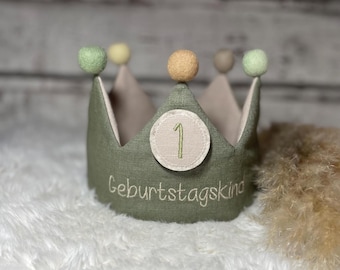 Geburtstagskrone m. Name u. Zahlenbutton aus Naturfasern mit Pompons personalisiert Leinen Kindergeburtstag Party Krone Öko Tex Standart 100