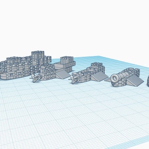 Puede incluir: Un conjunto de cinco modelos de barcos y cañones impresos en 3D de color gris. Los modelos están hechos de plástico y tienen diseños intrincados. Los modelos son perfectos para coleccionistas o para usar en juegos de mesa.
