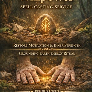 Op de afbeelding: Een afbeelding met de tekst "Willpower Spell Casting Service". De afbeelding toont een gloeiende rune op een steen, uitgestrekte handen en de tekst "Restore Motivation & Inner Strength" en "Rebuild Focus".