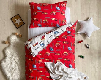 Cars Kids Bedding Set, Boys Cotton Bedding, 3 piece Children Bedding Set with Cars, Red Bedding