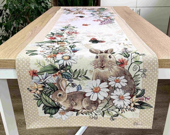Tapestry Table Runner, Rabbit Table Runner, Easter Runner, Tapestry Table Decor, Runner with Bunny