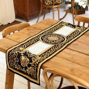 Black Gold Tapestry Fabric Table Runner, Baroque Gobelin Table Runner, Party Table Cover