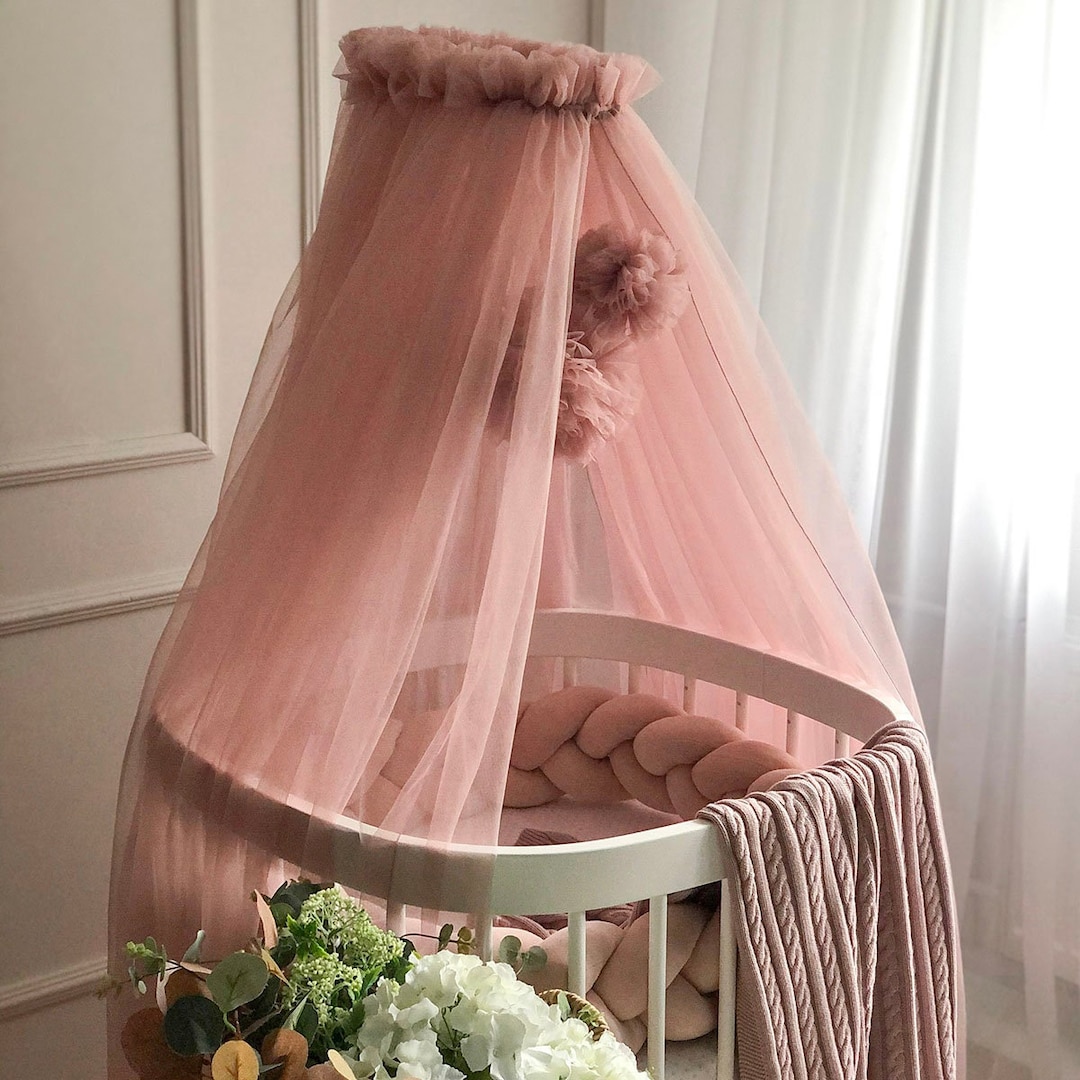 Baby Crib Canopy Pom Poms Bed Curtains Handing Baldachin Etsy