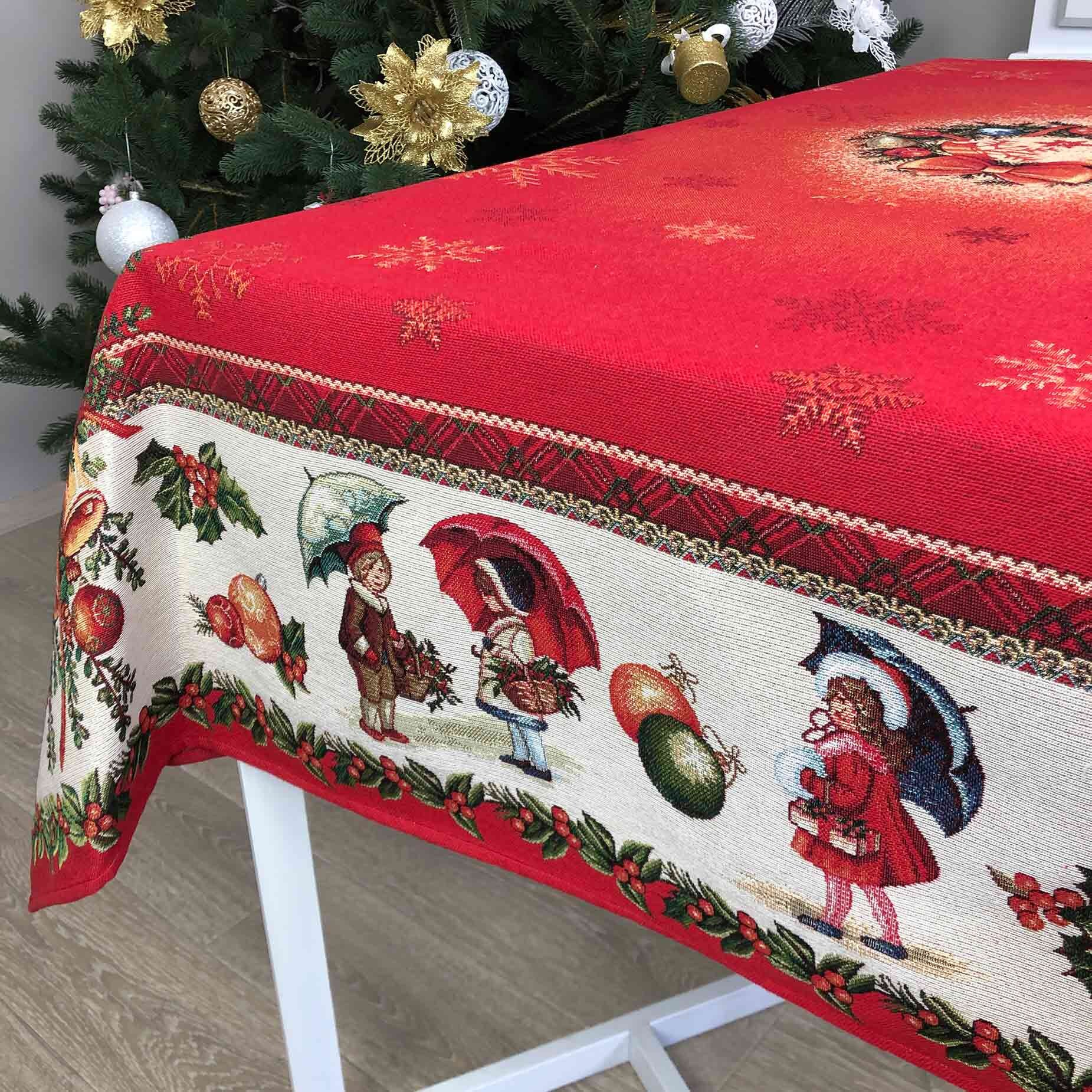 Red Christmas Tablecloth With Bells, Tapestry Tablecloth, Winter