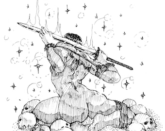May include: A black and white line drawing of a person bound and kneeling on a pile of skulls. The person is holding a sword above their head, with a glowing effect around the blade. The background is filled with stars and swirling lines.