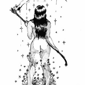 May include: A black and white illustration of a woman standing in a field of flowers, holding a scythe above her head. The scythe is curved and has a handle with a decorative design. The woman is nude and has long, flowing hair. The background is filled with stars.