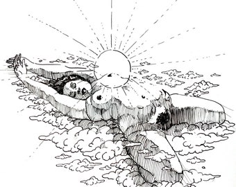 May include: A black and white line drawing of a person lying on their back with arms outstretched, surrounded by clouds and a sun with rays emanating from it.