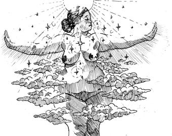 May include: A black and white line drawing of a woman with her arms outstretched, surrounded by clouds and stars. The woman is nude and has a halo above her head.