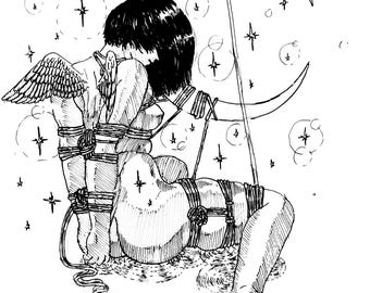 May include: A black and white illustration of a person bound with rope, with a crescent moon and stars in the background.