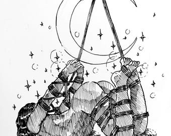 May include: A black and white illustration of a person bound with rope and tied to a crescent moon. The person is surrounded by stars and circles.