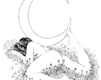 Op de afbeelding: Een zwart-witte lijntekening van een persoon die in een grasveld ligt met een halve maan erboven.