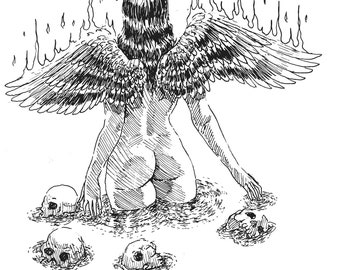 May include: A black and white line drawing of a winged figure with flames around the wings, standing in a pool of water with skulls around them.