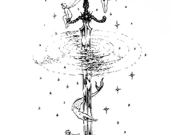May include: A black sword with a silver hilt is surrounded by fairies and mermaids. The sword is sticking straight up out of the water, with ripples radiating out from it. The fairies are flying around the sword, and the mermaids are swimming around the sword.
