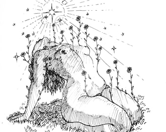May include: A black and white line drawing of two figures sitting in a field of flowers, looking up at a star in the sky.