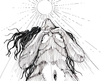 May include: A black and white line drawing of a person with long hair, looking up at a sun with rays. The person is covering their eyes with their hands.