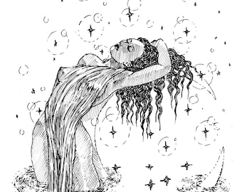 May include: A black and white line drawing of a woman with long hair, draped in a flowing garment, surrounded by stars and crescent moons.