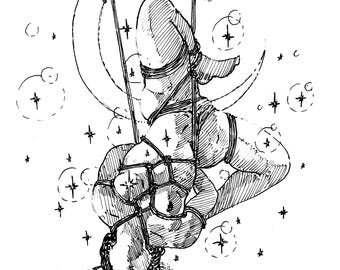 May include: A black and white line drawing of two figures bound together with rope, hanging from a crescent moon. The figures are suspended in a starry sky.