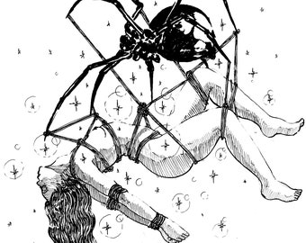 May include: A black and white ink drawing of a spider web with a woman tied up inside. The woman is bound with rope and the spider is above her. The background is filled with small stars.