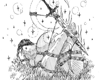 May include: A black and white line drawing of two figures bound together with rope and a sword. The figures are surrounded by a crescent moon and stars.